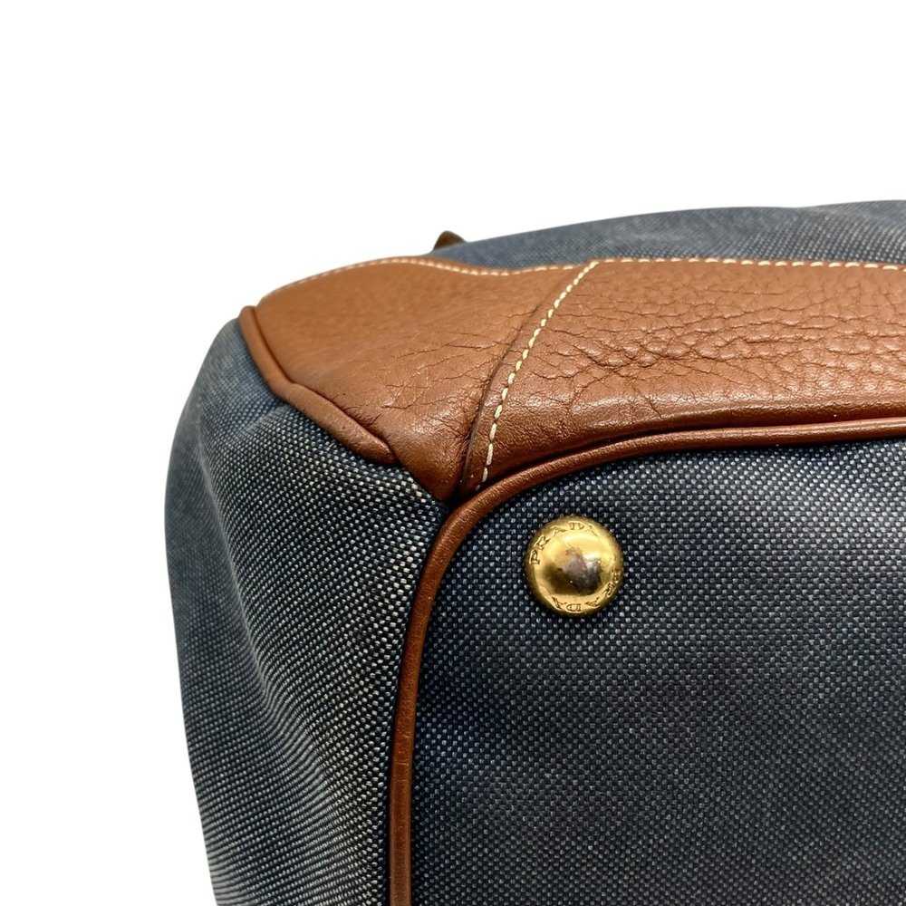 PRADA Prada Logo Jacquard Tote Bag Shoulder Denim Leather Blue Brown Gold Har... - Picture 11 of 16